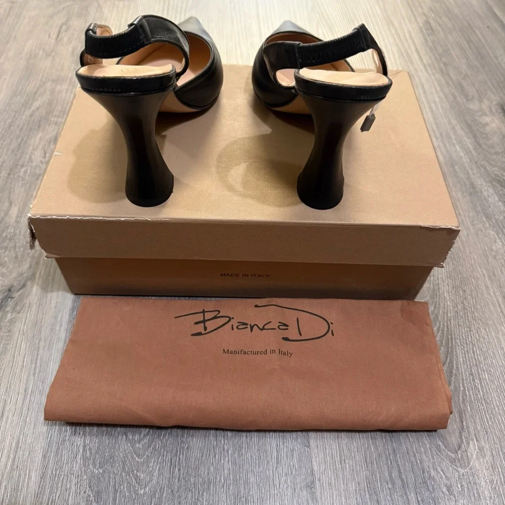 Black Leather Bianca Di Slingback High Heel Pumps Size 39 MADE IN ITALY BNIB - Picture 3 of 7